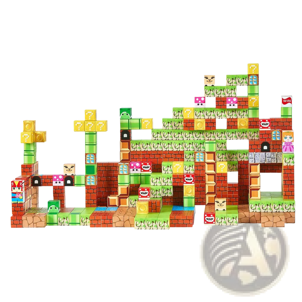 Colorful magnetic wooden block set featuring iconic Super Mario characters and elements for STEM building play