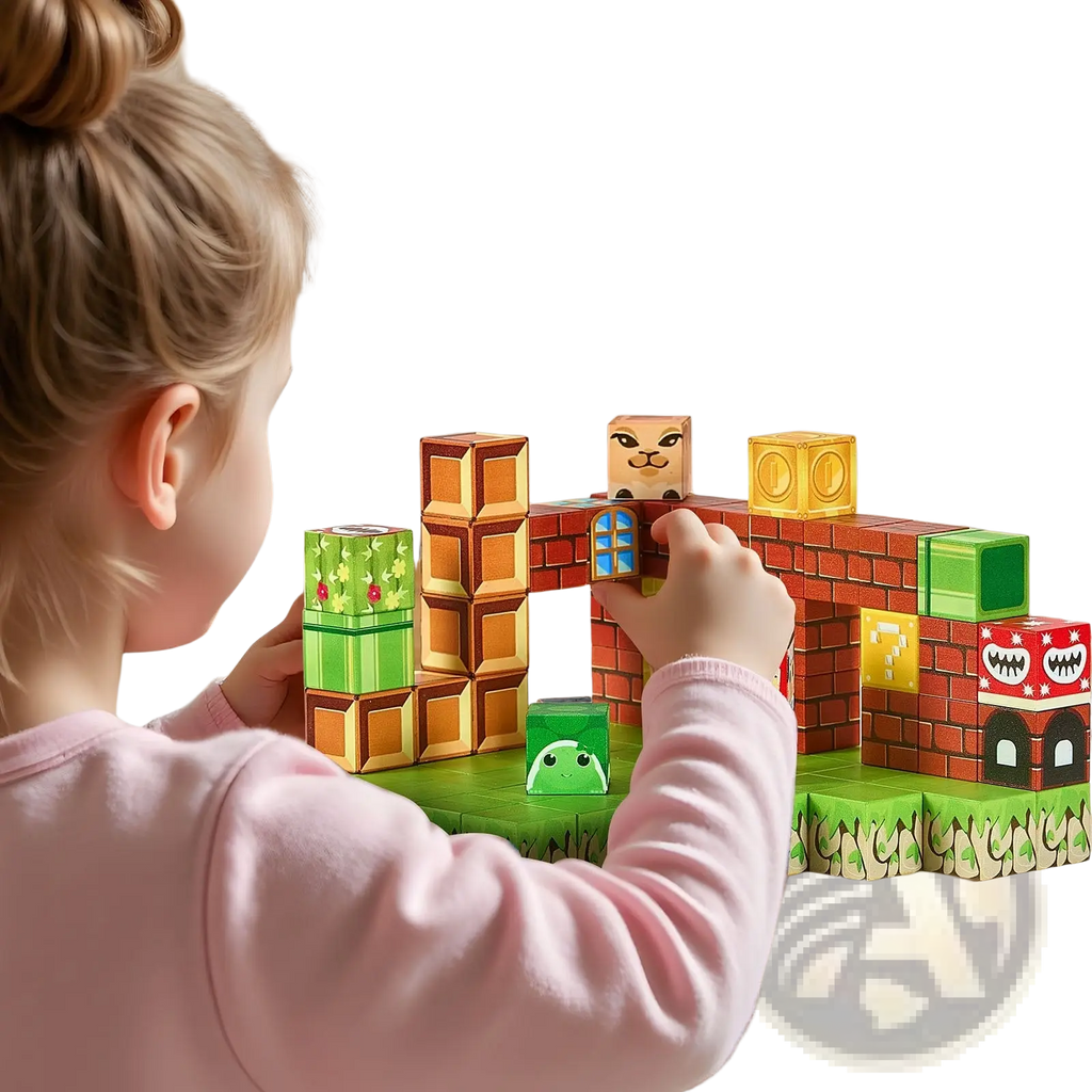 Colorful interlocking cardboard magnetic blocks resembling a super mario game level from 100pc mario stem building set