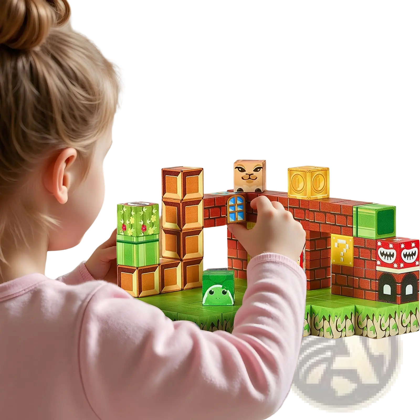 Colorful interlocking cardboard magnetic blocks resembling a super mario game level from 100pc mario stem building set