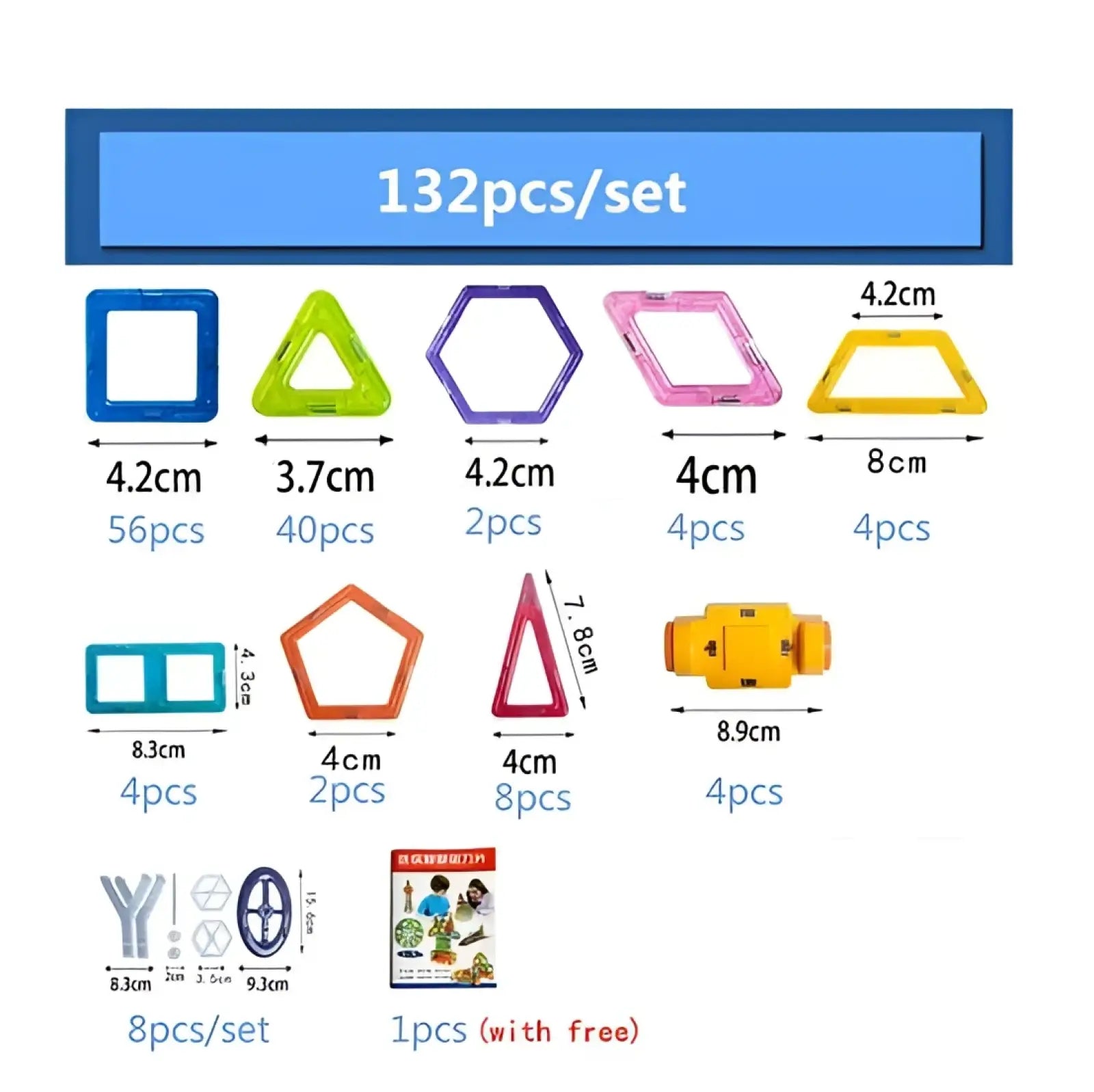 A colorful set of 132 magnetic building blocks in various shapes for educational and creative play