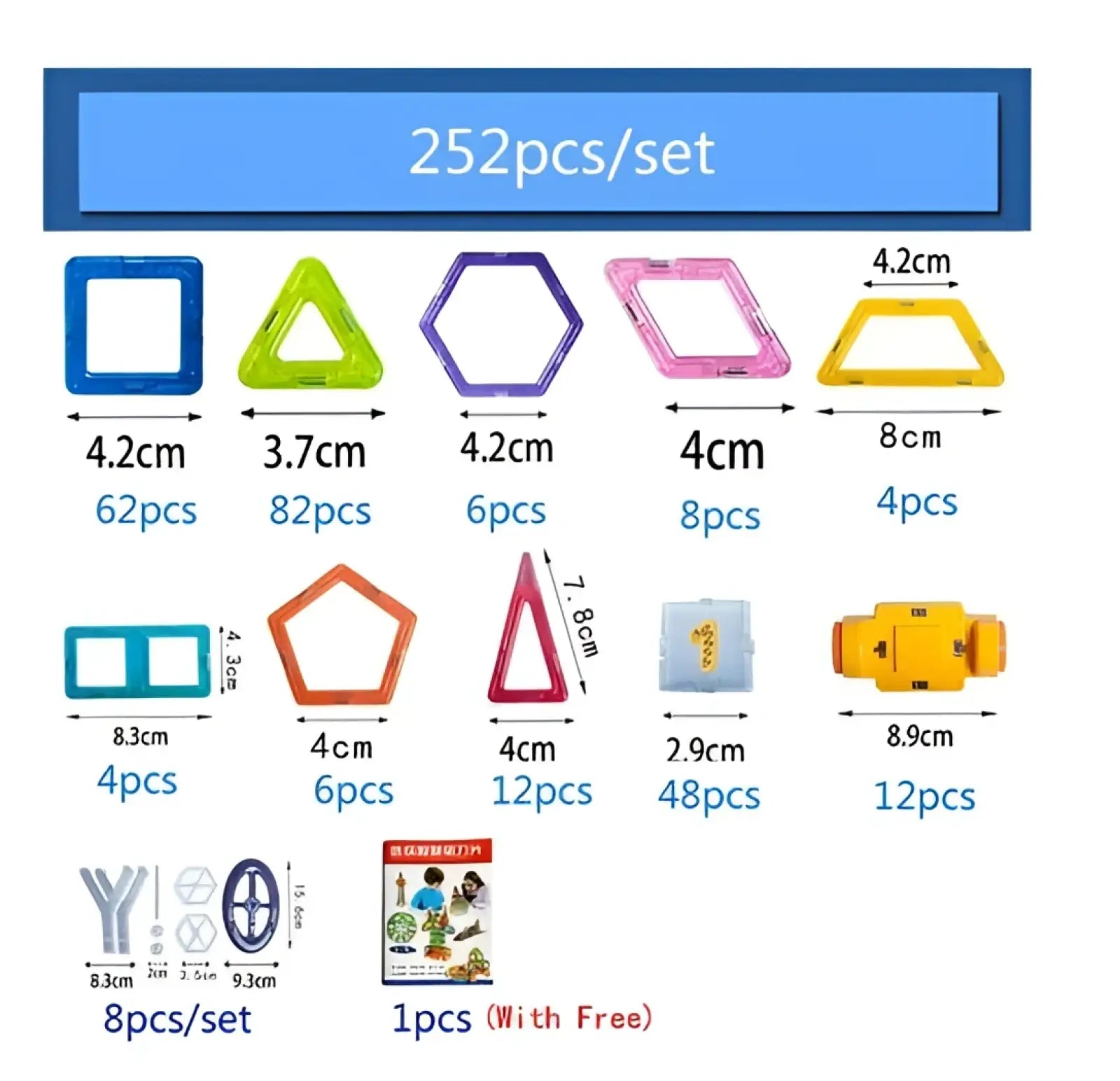 A colorful set of 252 magnetic building blocks in various shapes for educational creative play