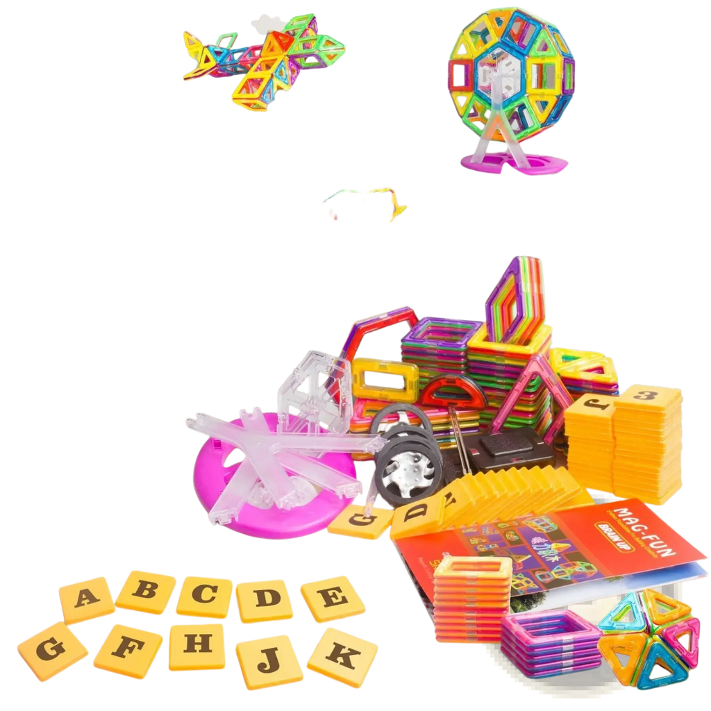 Colorful magnetic building blocks 164 piece educational toy set with various shapes including triangles squares and circles