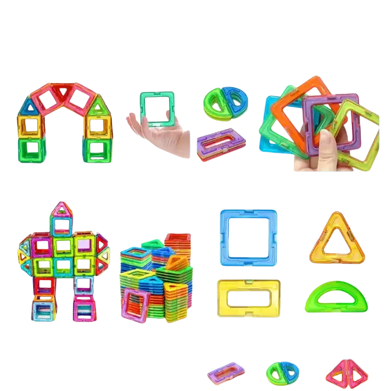 Colorful transparent plastic magnetic building blocks in various shapes for educational stem construction play