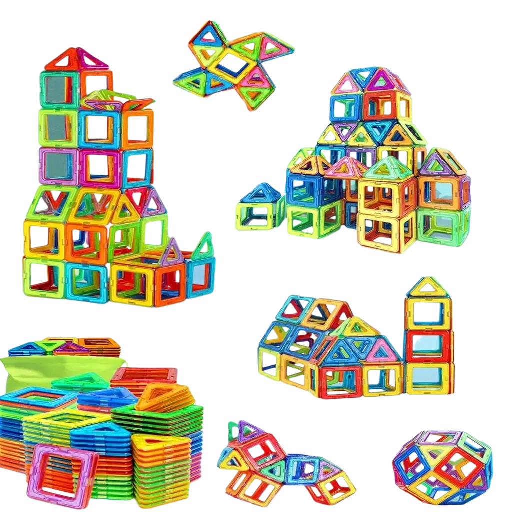 Colorful magnetic building blocks in various shapes showcasing an educational stem construction toy set