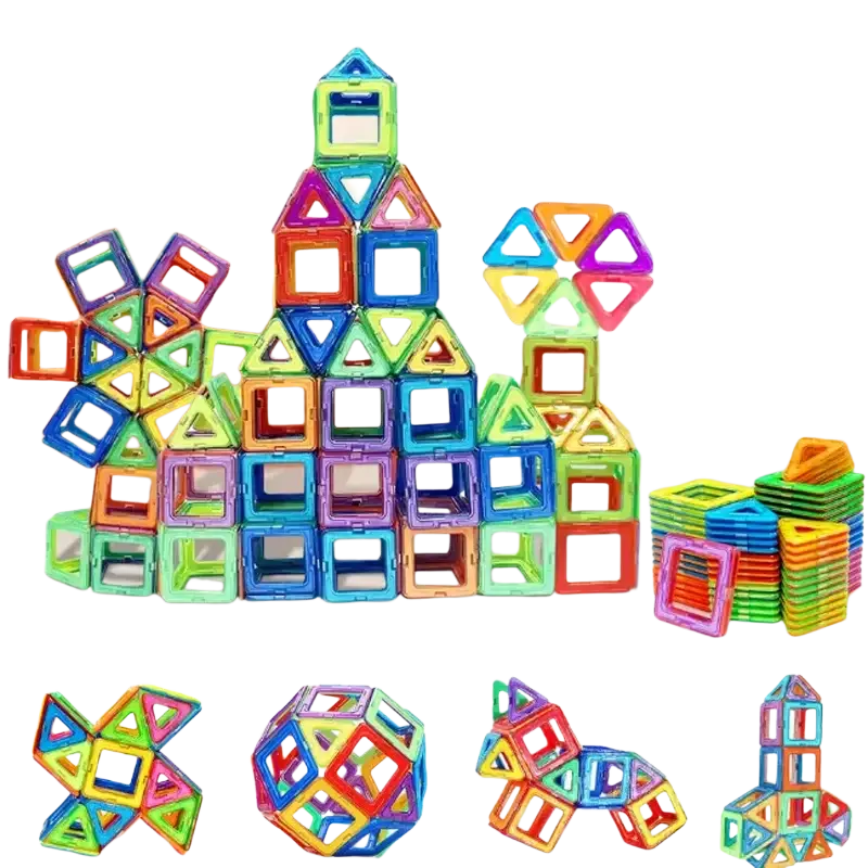 Colorful magnetic building blocks in transparent plastic with vibrant rainbow hues for creative stem construction