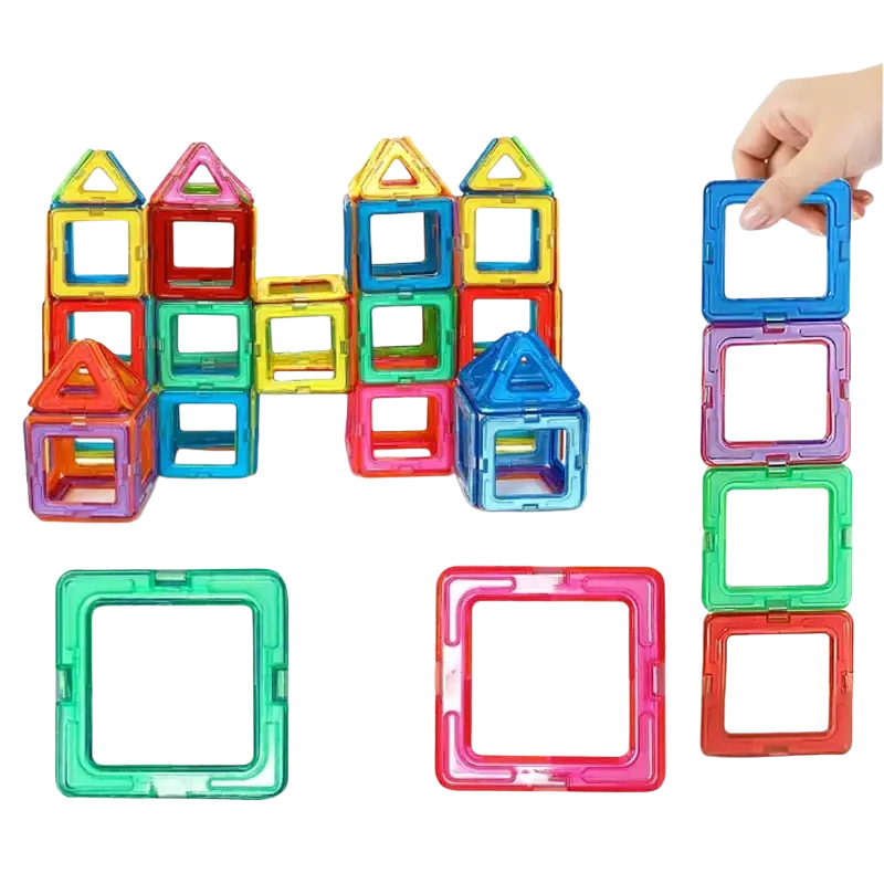 Colorful transparent magnetic building blocks in square and triangle shapes forming a house for educational stem building