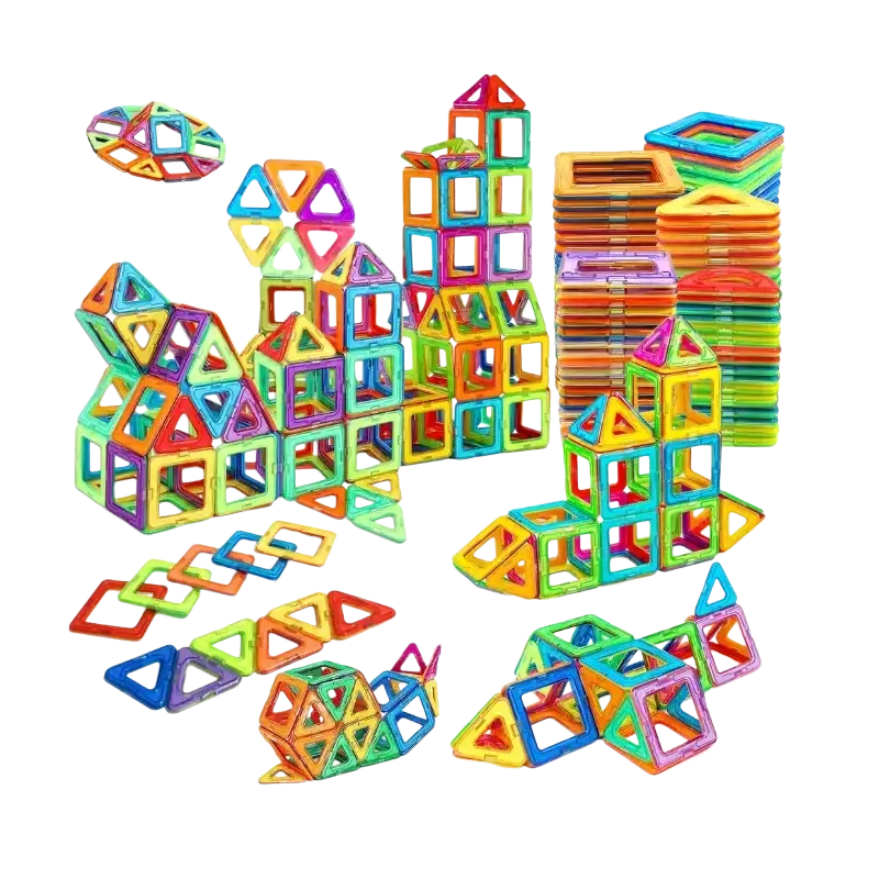 Colorful magnetic building blocks in triangles squares and rectangles for educational stem construction toy use