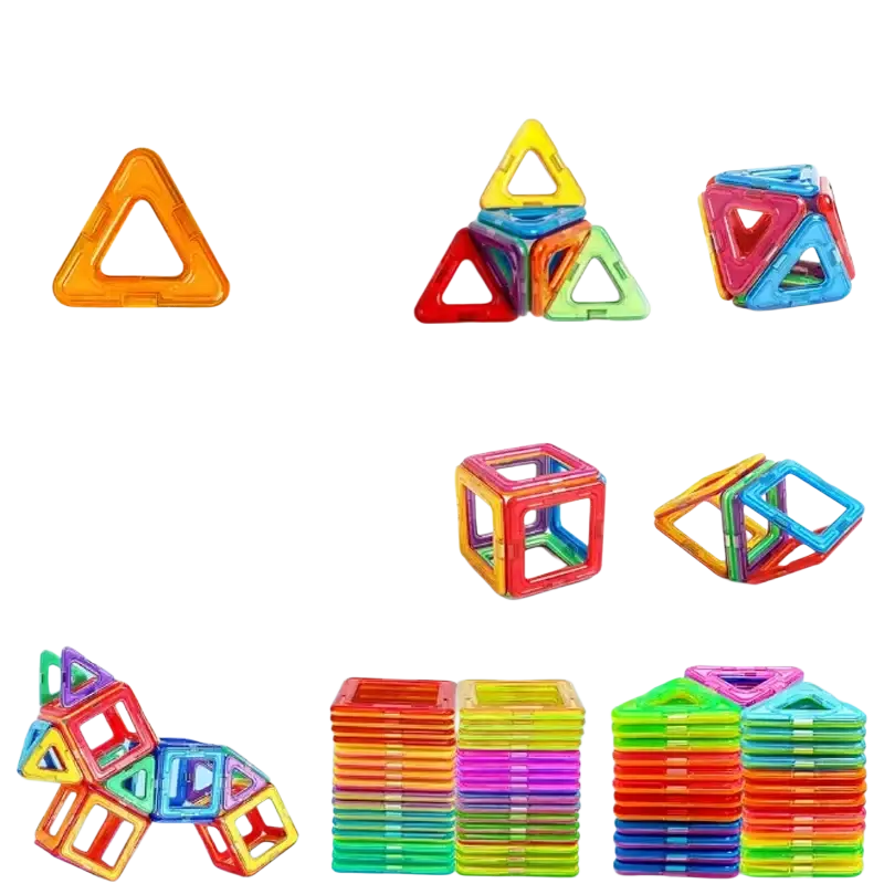 Set of 40 colorful transparent magnetic building blocks with 20 orange triangles and 20 green squares for stem learning