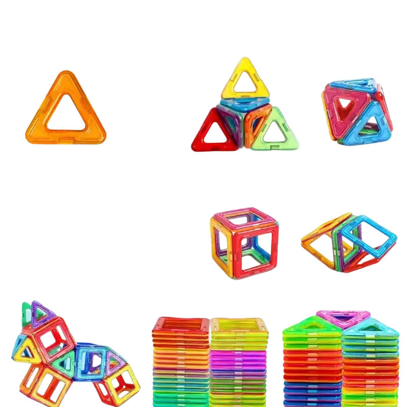 Set of 60 colorful transparent magnetic building blocks with 30 triangular and 30 square pieces for educational stem play