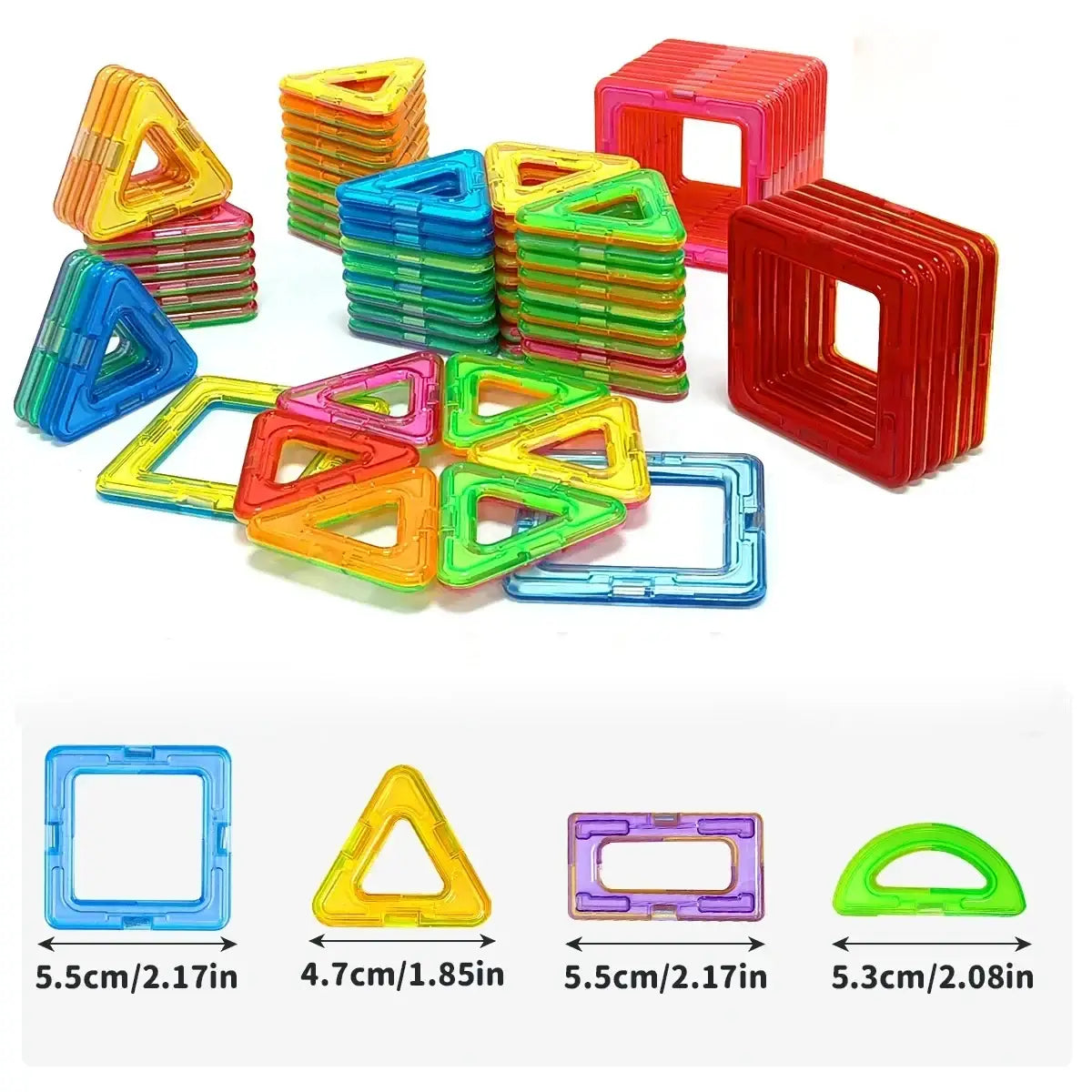A vibrant set of colorful magnetic building blocks in various shapes for educational stem construction play