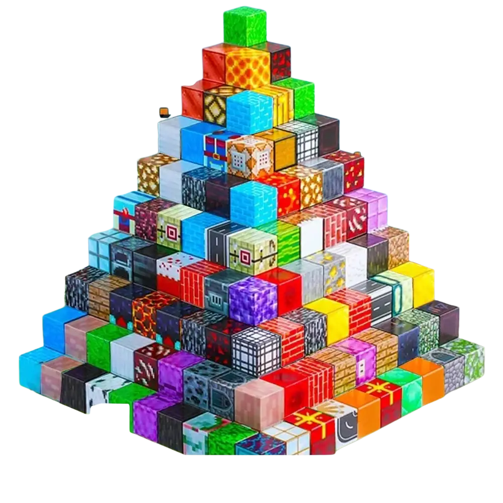 Colorful magnetic toy building blocks designed as minecraft-style cubes with various patterns and textures