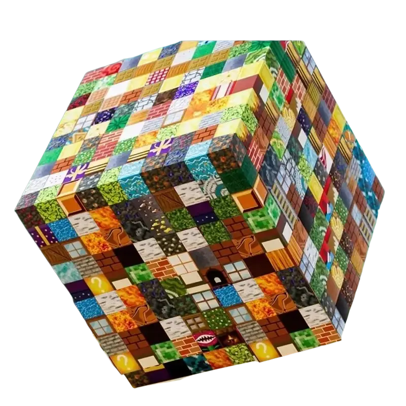 A colorful cube of magnetic toy building blocks with minecraft-style textures in vibrant hues