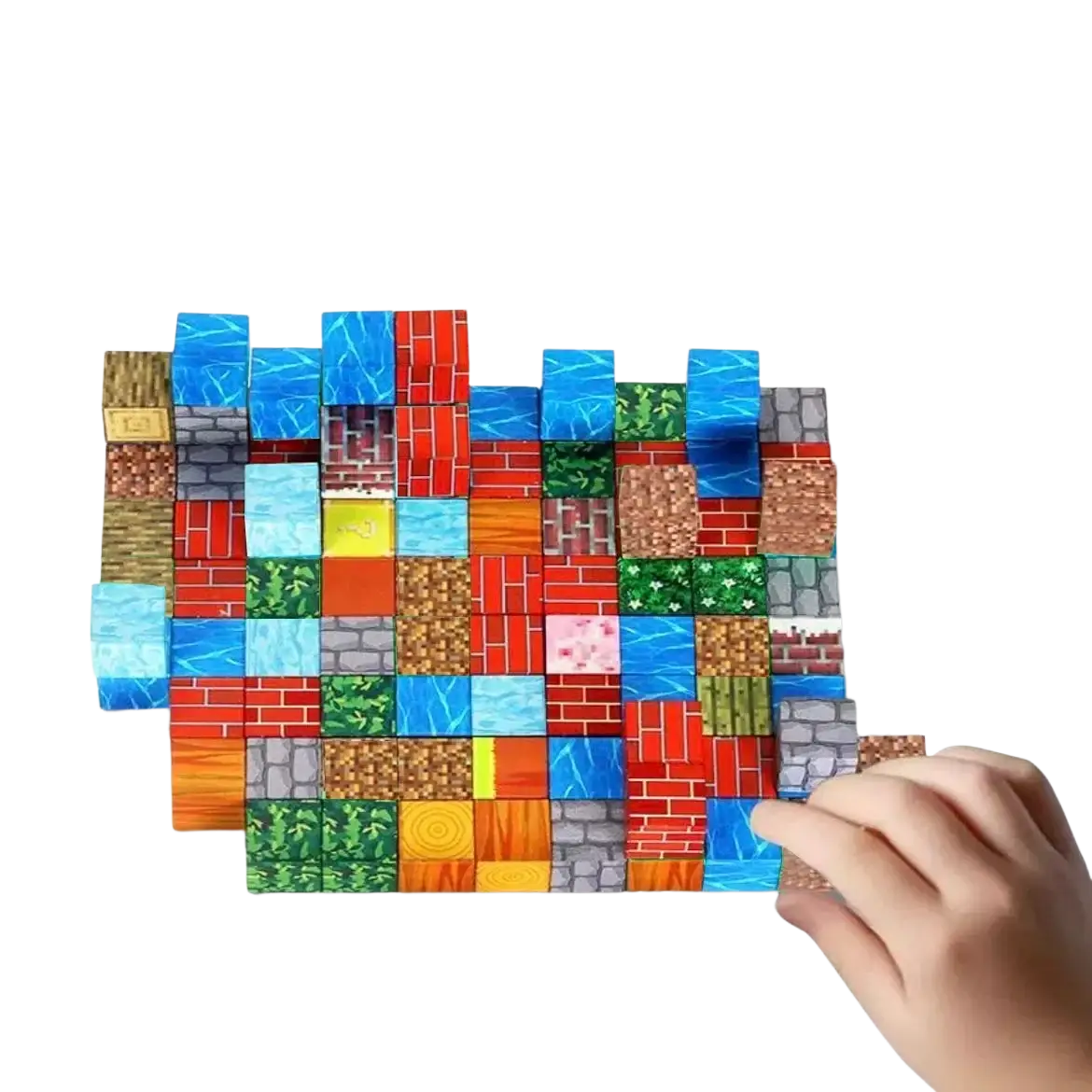 Colorful textured magnetic building blocks with minecraft style designs for creative toy building play
