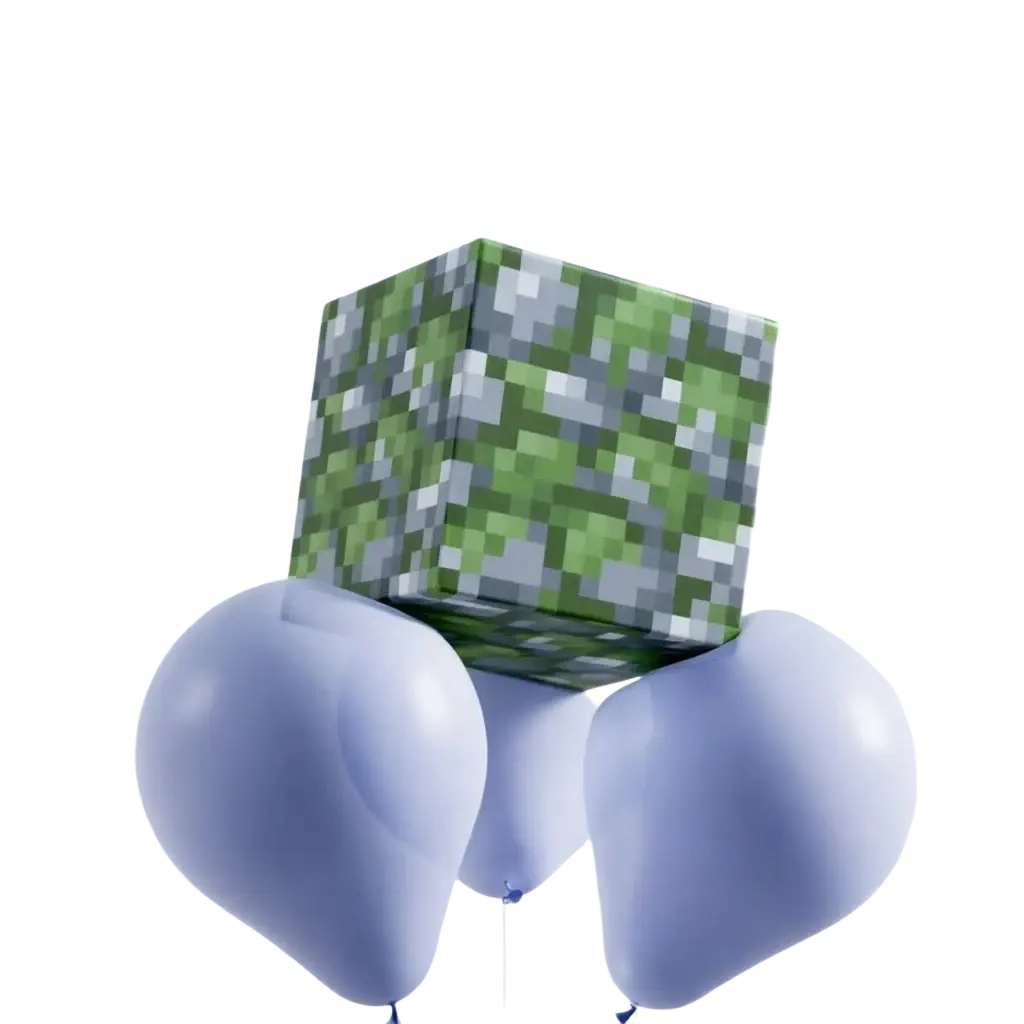 A pixelated green and gray minecraft style magnetic toy building blocks cube floating above light purple balloons