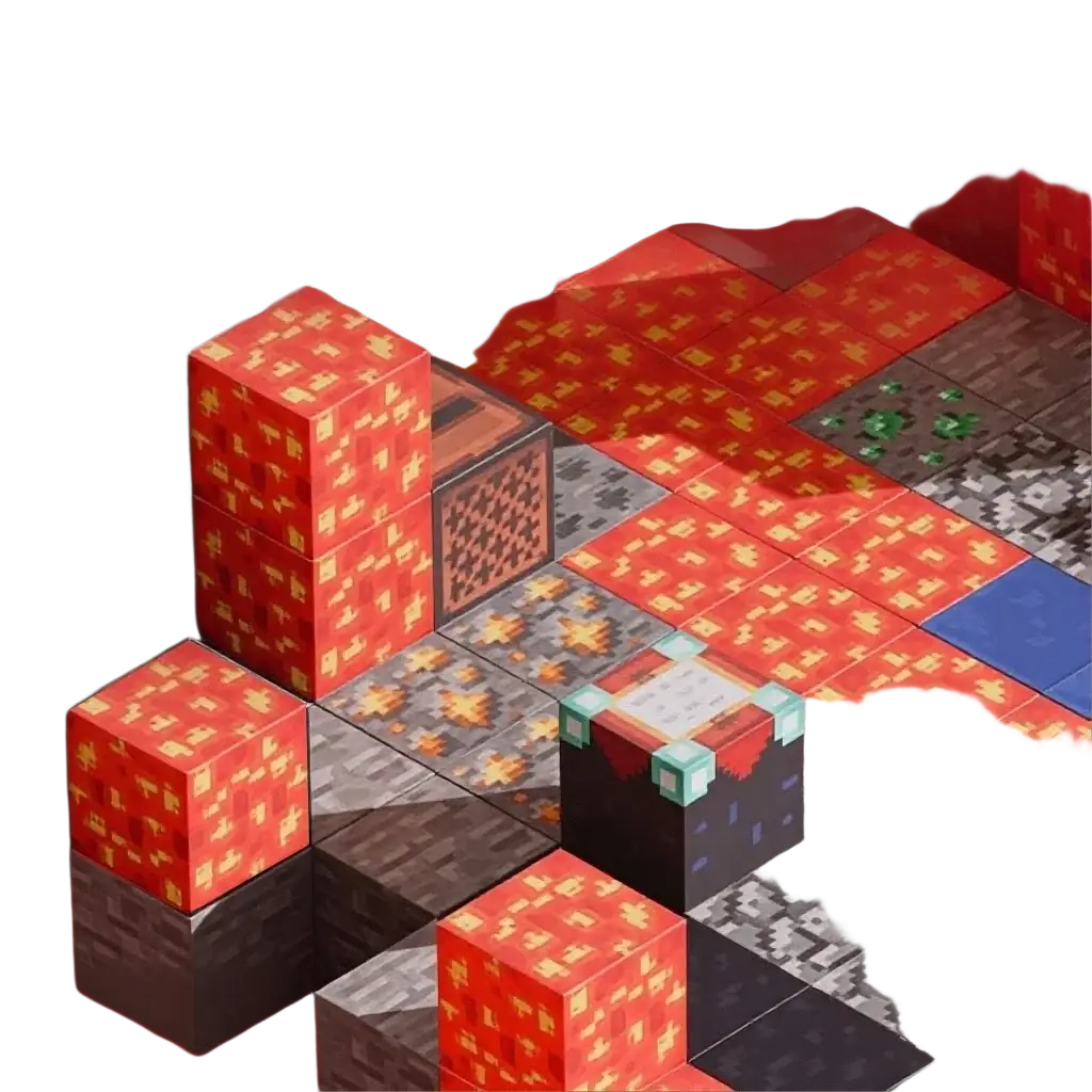 Red lava blocks with pixelated gold patterns stacked in a minecraft style magnetic toy building blocks set