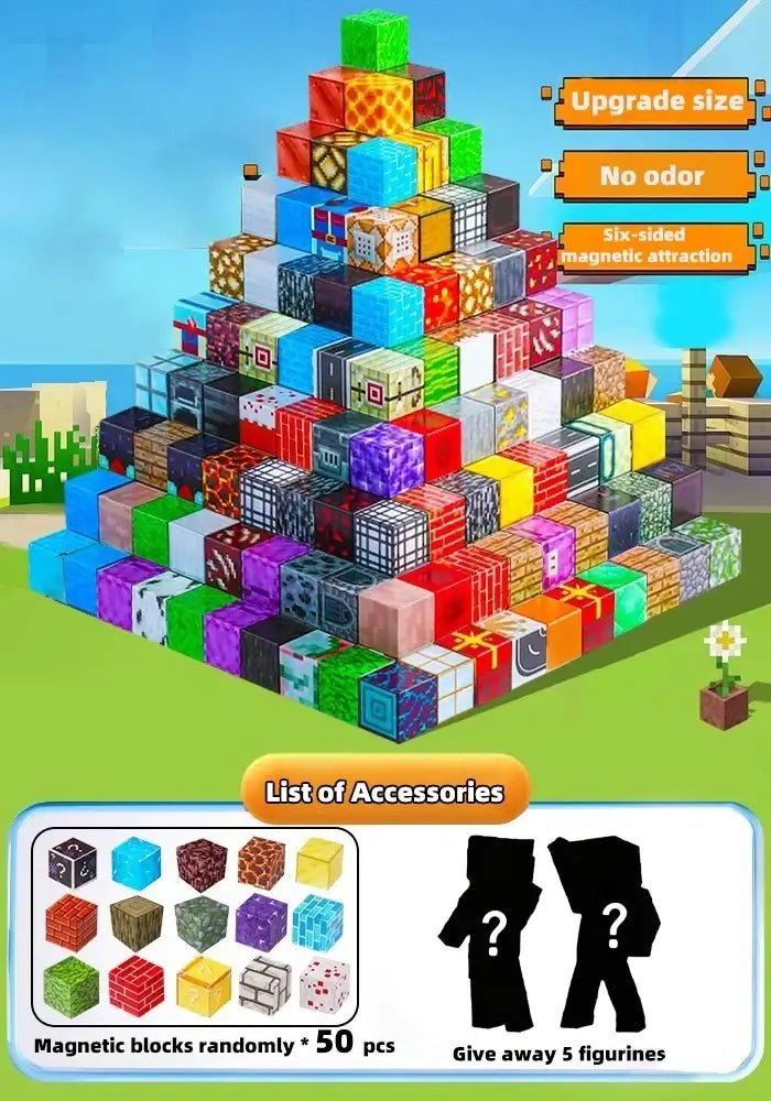 A vibrant multi-colored magnetic building blocks pyramid with 50 textured toy building blocks Minecraft style cubes