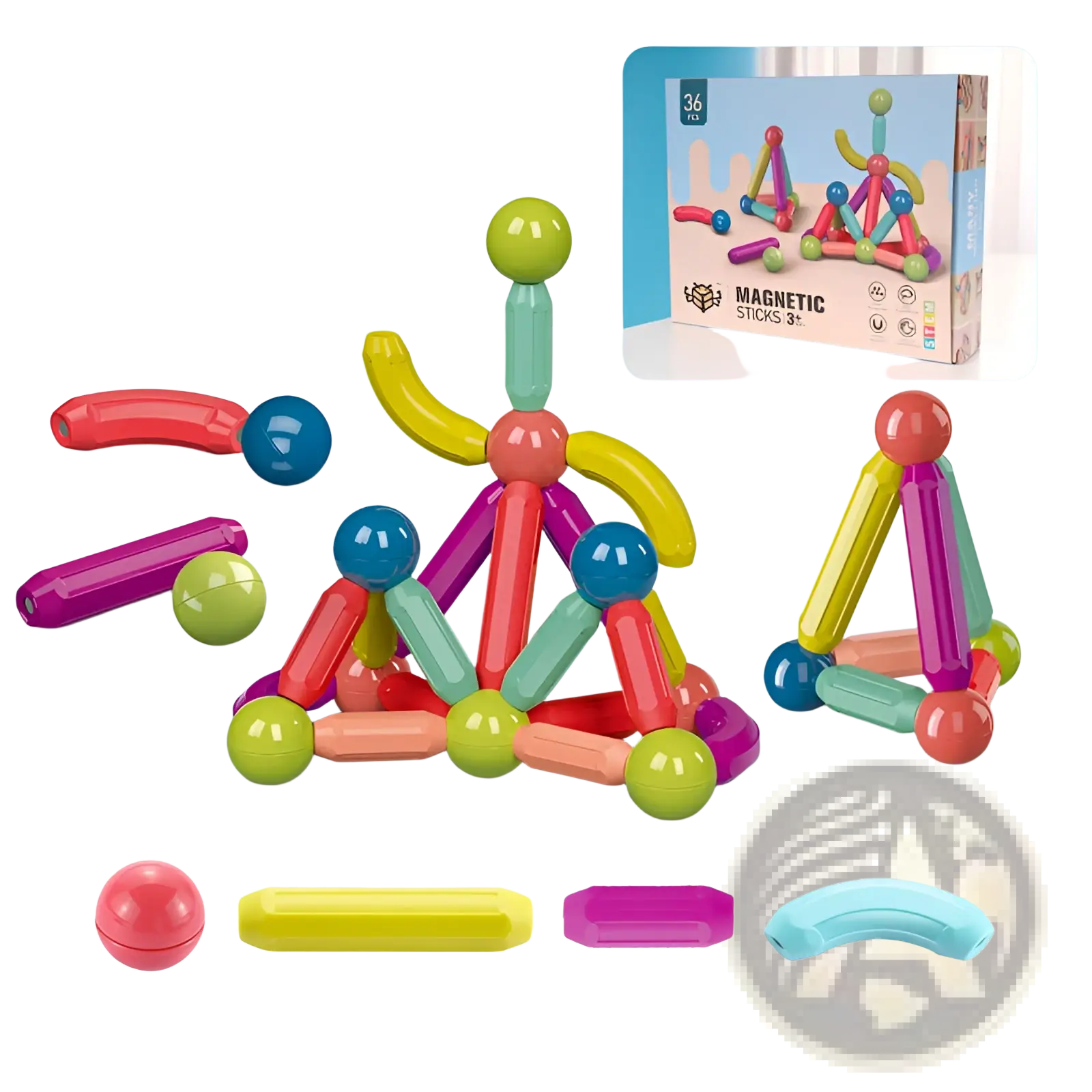 Colorful magnetic building sticks in assorted shapes and vibrant hues from a magnetic building blocks set for kids