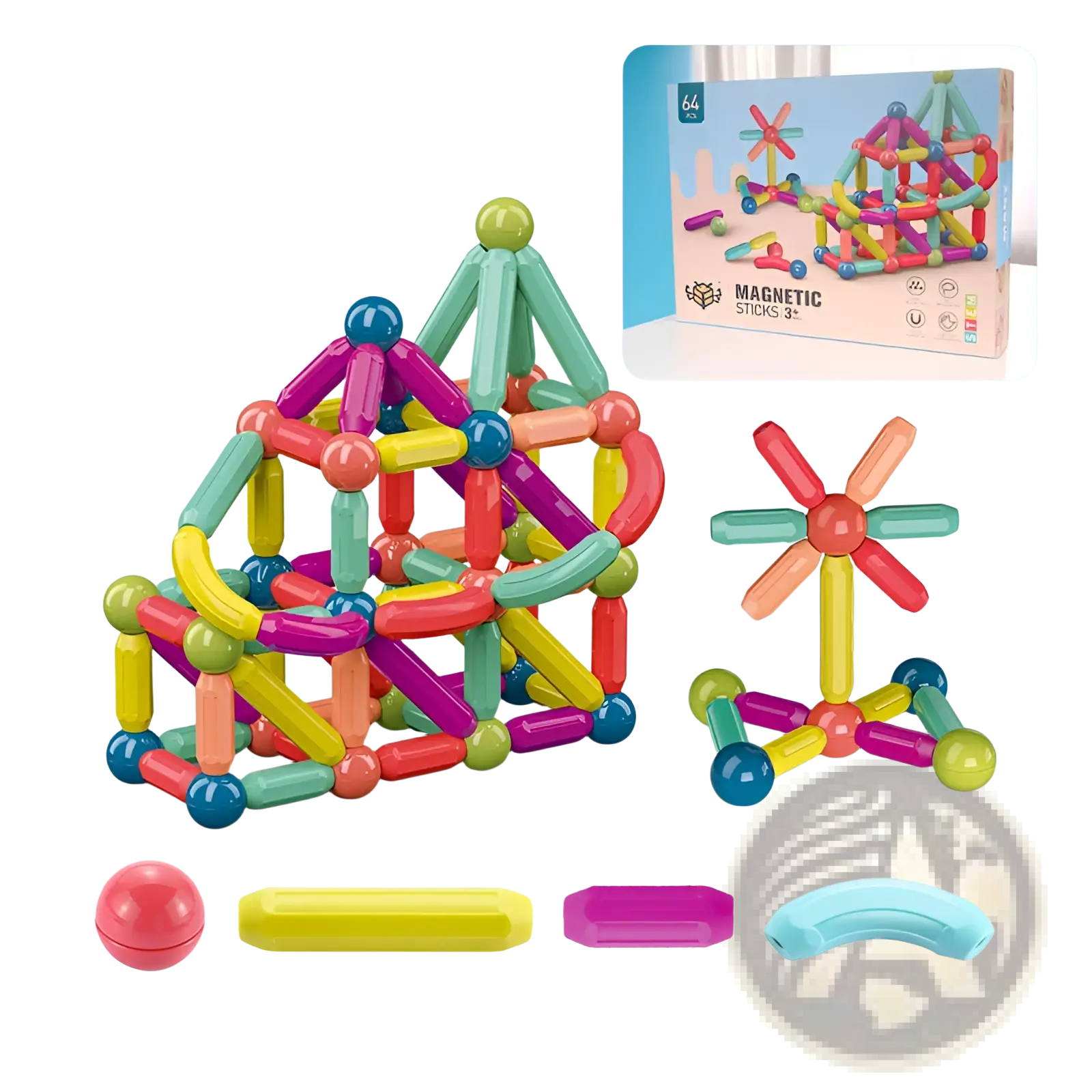 A vibrant multicolored magnetic building blocks set for kids with interlocking sticks and spheres in various colors