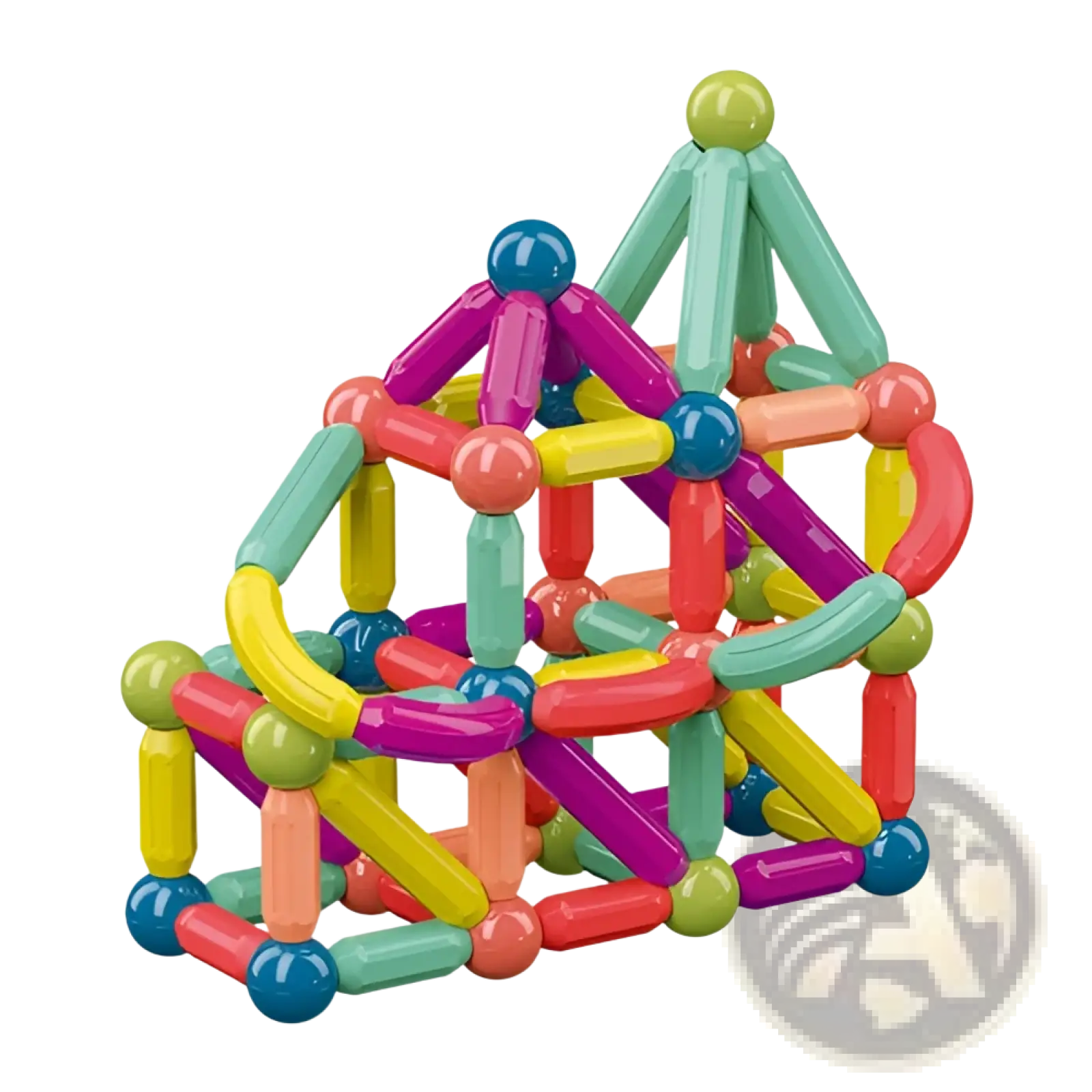 Magnetic building blocks set for kids with colorful interlocking rods and spheres in pink yellow green orange and blue