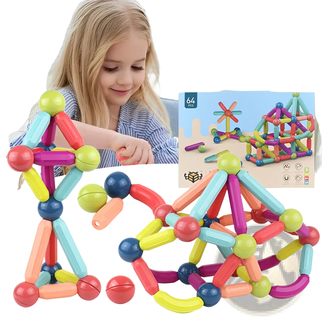 Magnetic building blocks set for kids with colorful interlocking rods and spheres in vibrant hues, 50-100 pieces