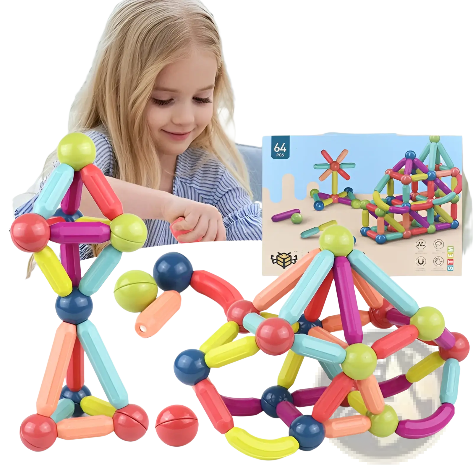 Magnetic building blocks set for kids with colorful interlocking rods and spheres in vibrant hues, 50-100 pieces