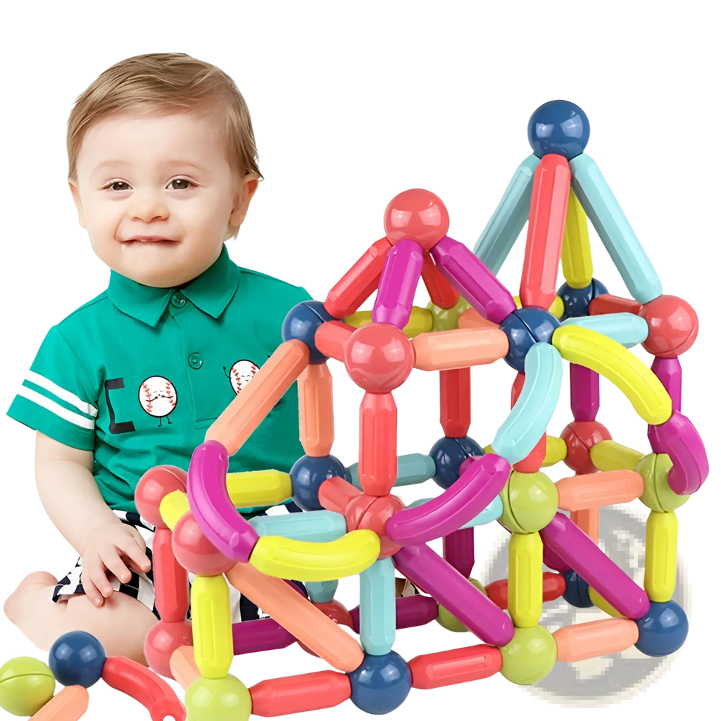 A vibrant multicolored magnetic building blocks set for kids with interlocking rods and spherical connectors