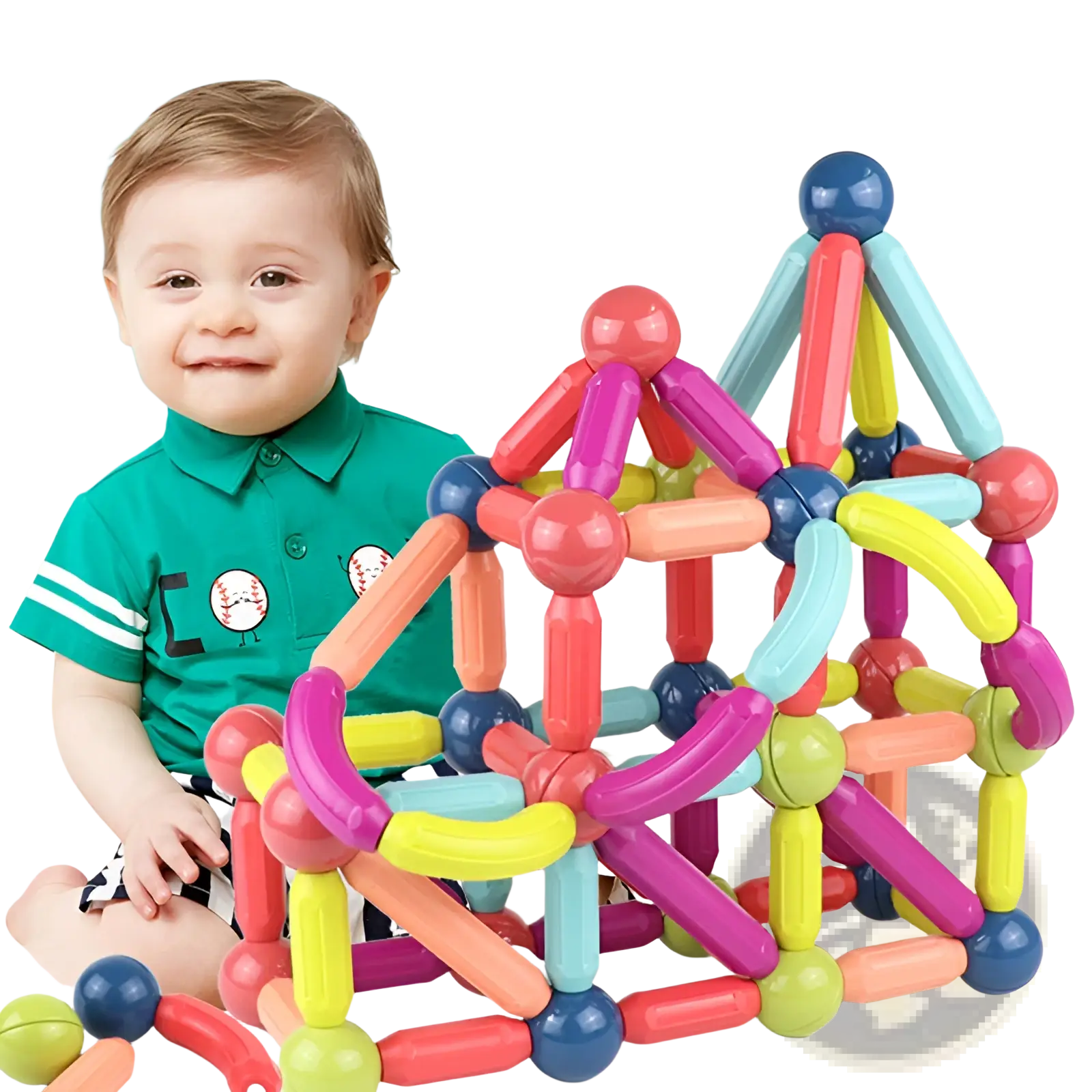 A vibrant multicolored magnetic building blocks set for kids with interlocking rods and spherical connectors