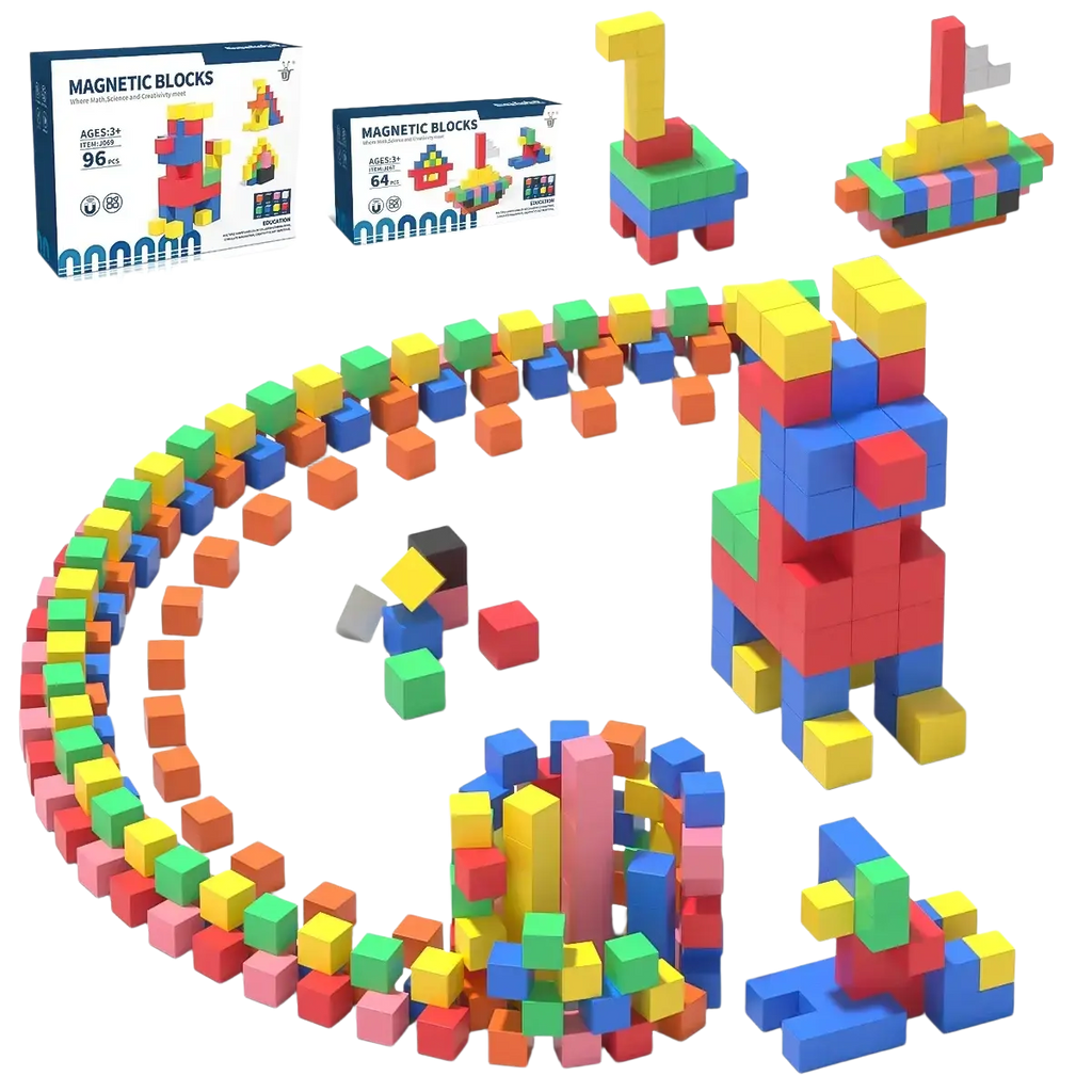 Colorful magnetic building blocks stem educational toys assembled into playful animal and number shapes