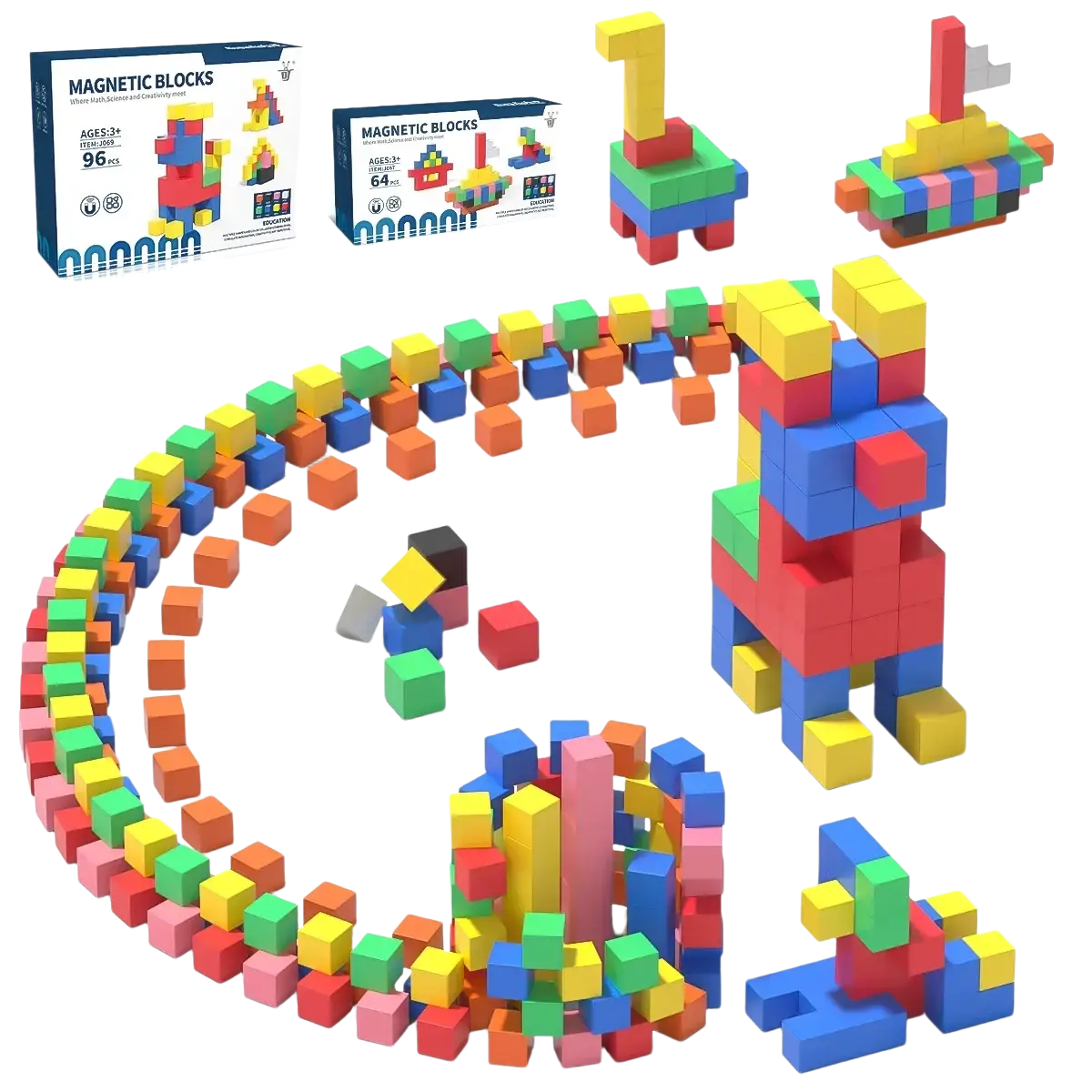 Colorful magnetic building blocks stem educational toys assembled into playful animal and number shapes