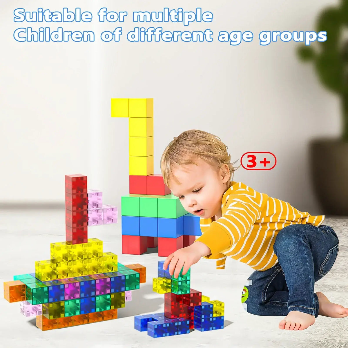 Colorful translucent magnetic building blocks in yellow red blue green and purple for stem educational play