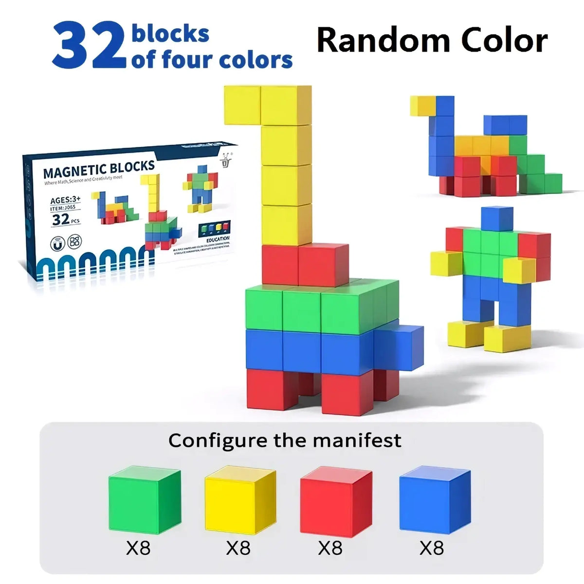 Set of 32 colorful magnetic building blocks made of durable plastic for creative play and stem educational development