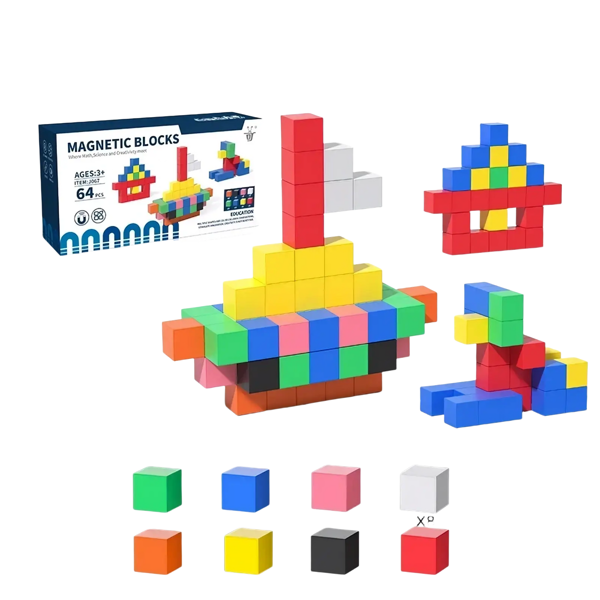 Set of 64 magnetic building blocks in eight random colors for stem educational creative construction play