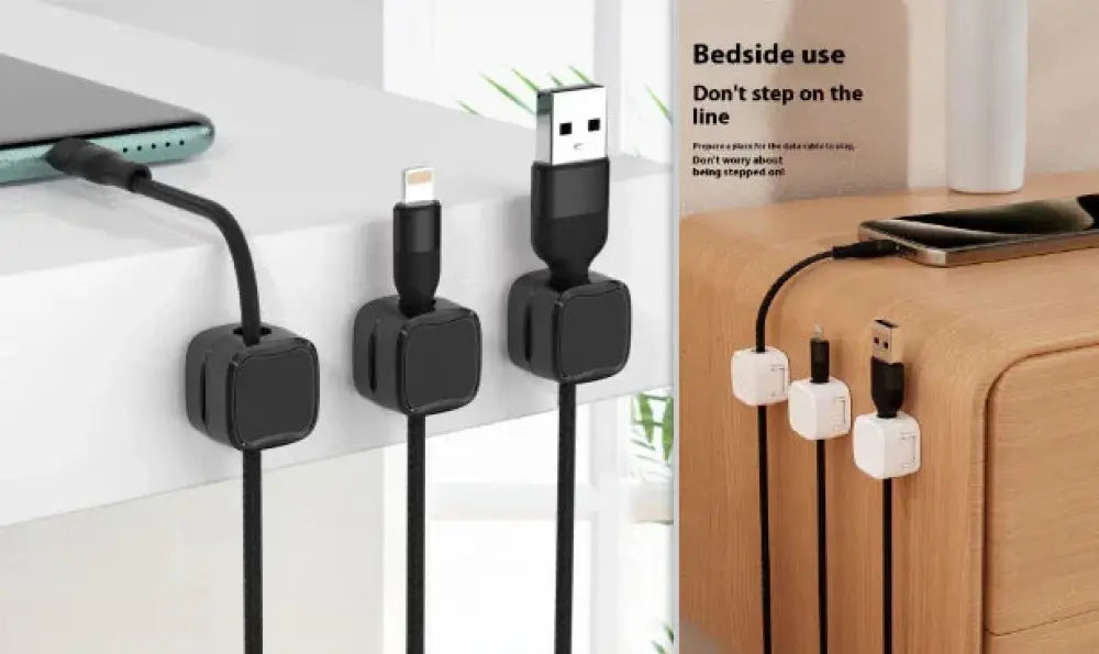 Black magnetic square under desk cable organizers with matte finish clips holding cords neatly in place