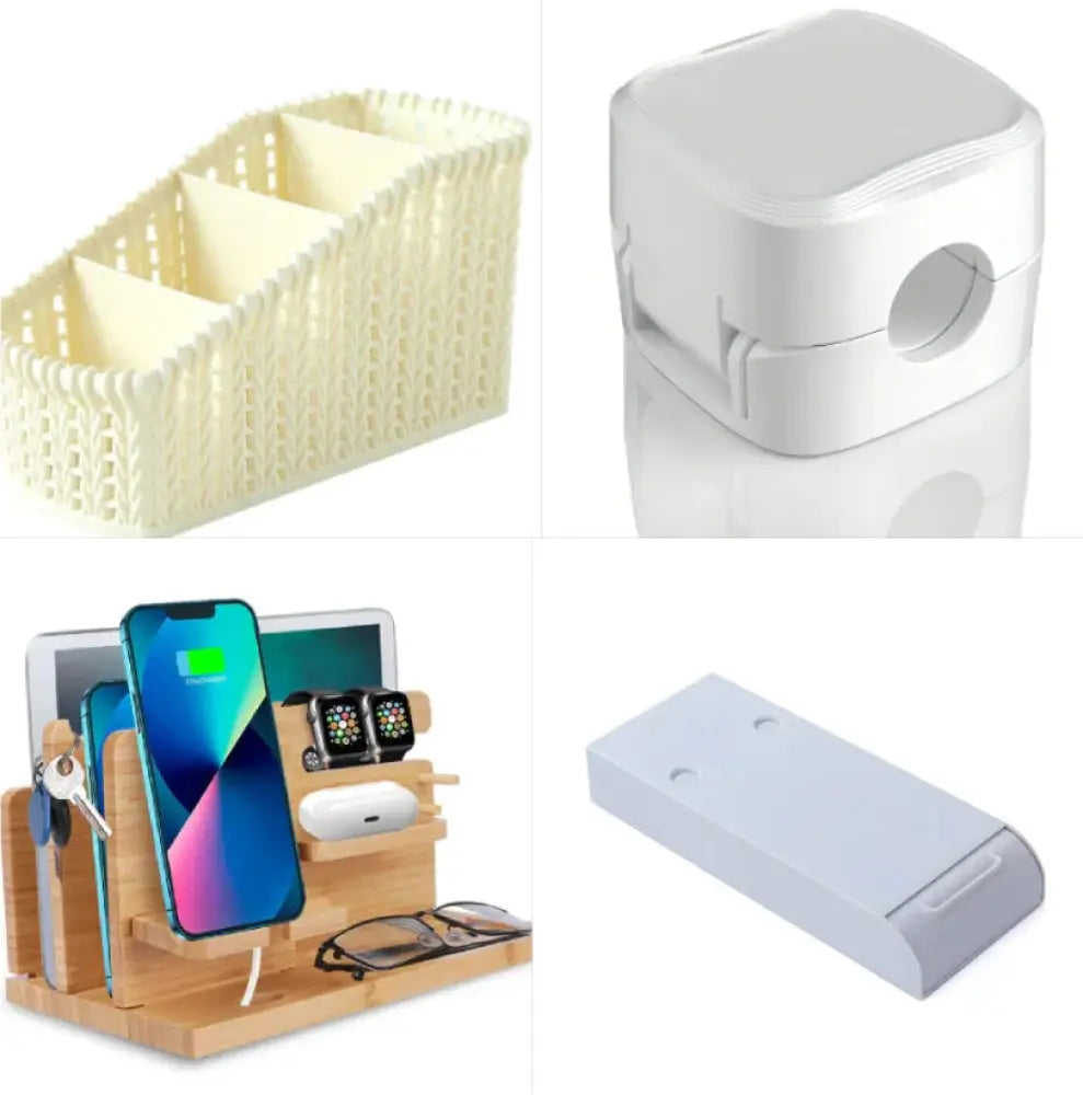 Magnetic square under desk cable organizer and cord clip with cream plastic storage basket, white device, and wooden charging stand
