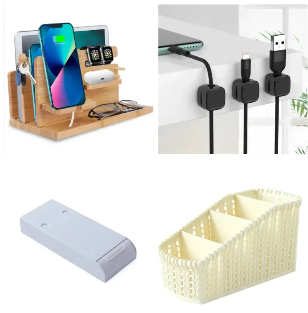 Light-colored bamboo magnetic square under desk cable organizer with multiple slots for phone charging and accessories