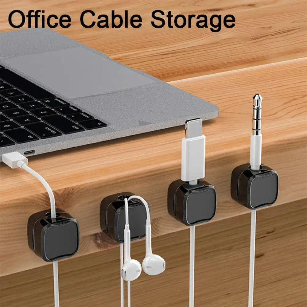 Black magnetic square under desk cable organizer with matte finish holds white cables and connectors neatly in place