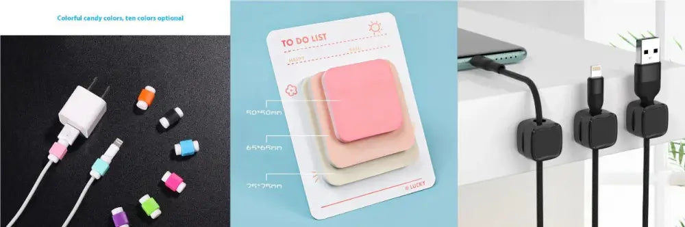 White usb wall charger with colorful candy color silicone cable covers featuring magnetic square under desk cable organizer and cord clip