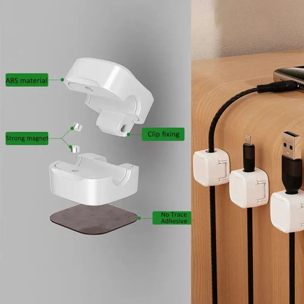 White abs plastic magnetic square under desk cable organizer clips with adhesive and magnetic fixing for cord management