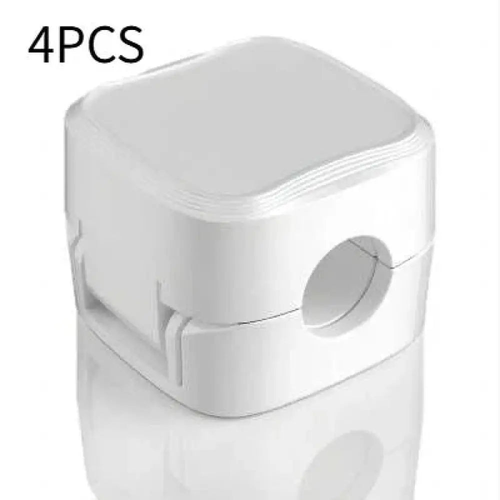White plastic magnetic square under desk cable organizer with child safety clip rounded edges and circular opening
