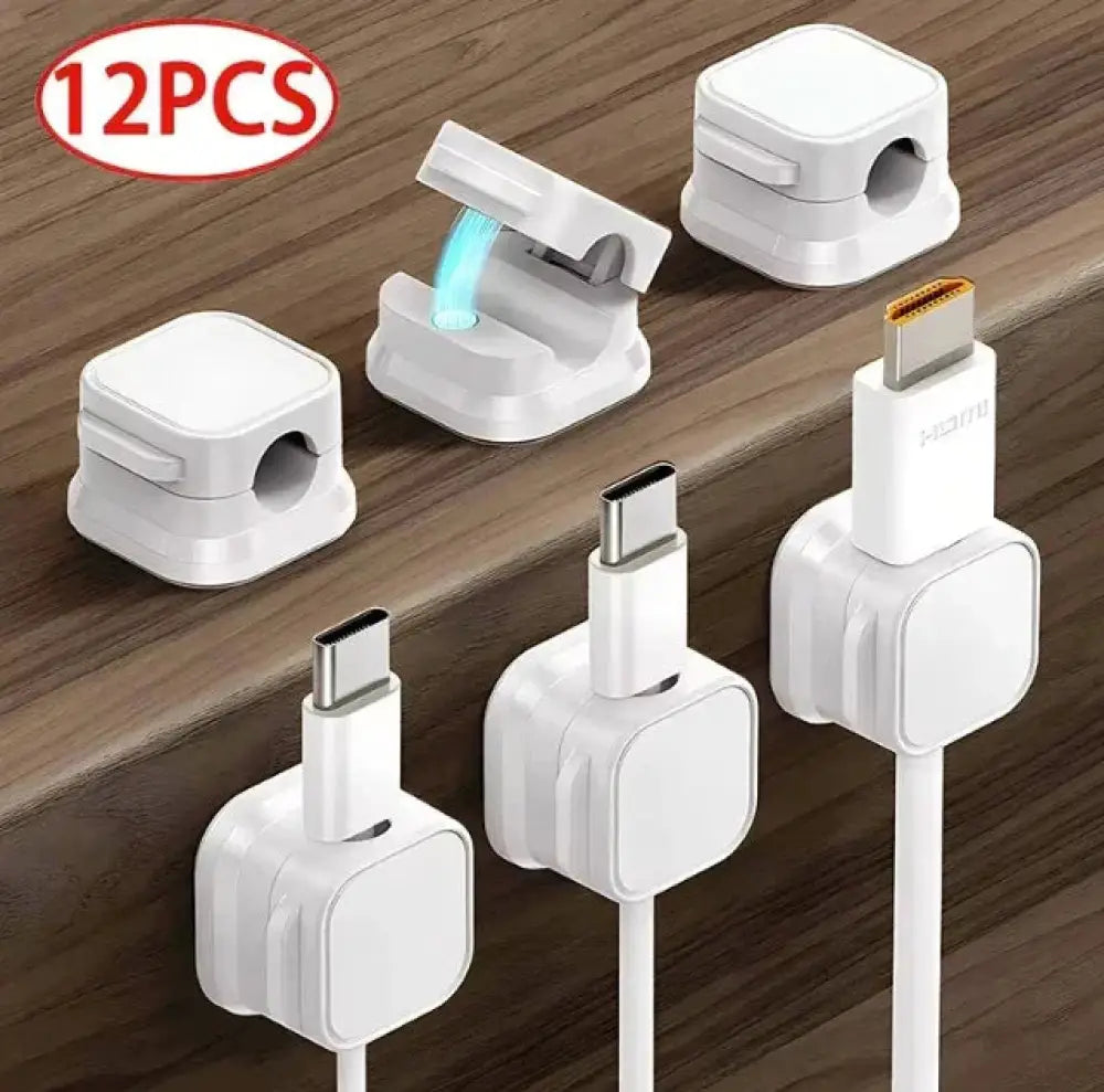 Magnetic square white plastic under desk cable organizers with clips for securing usb-c lightning and hdmi cables