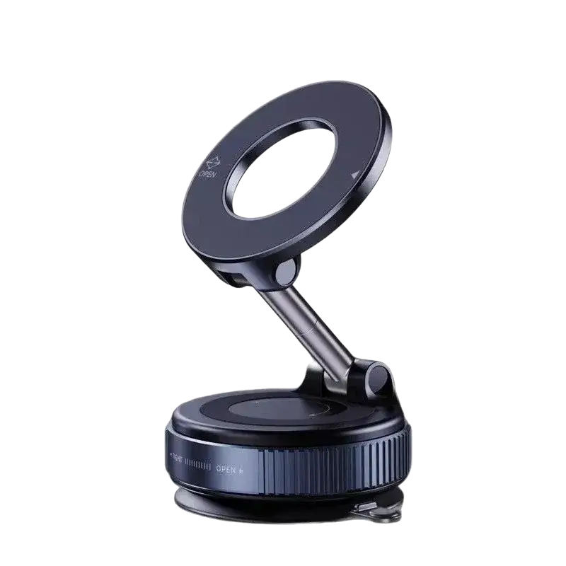 Black magnetic car phone mount with adjustable arm and suction cup base for 360 degree dashboard use