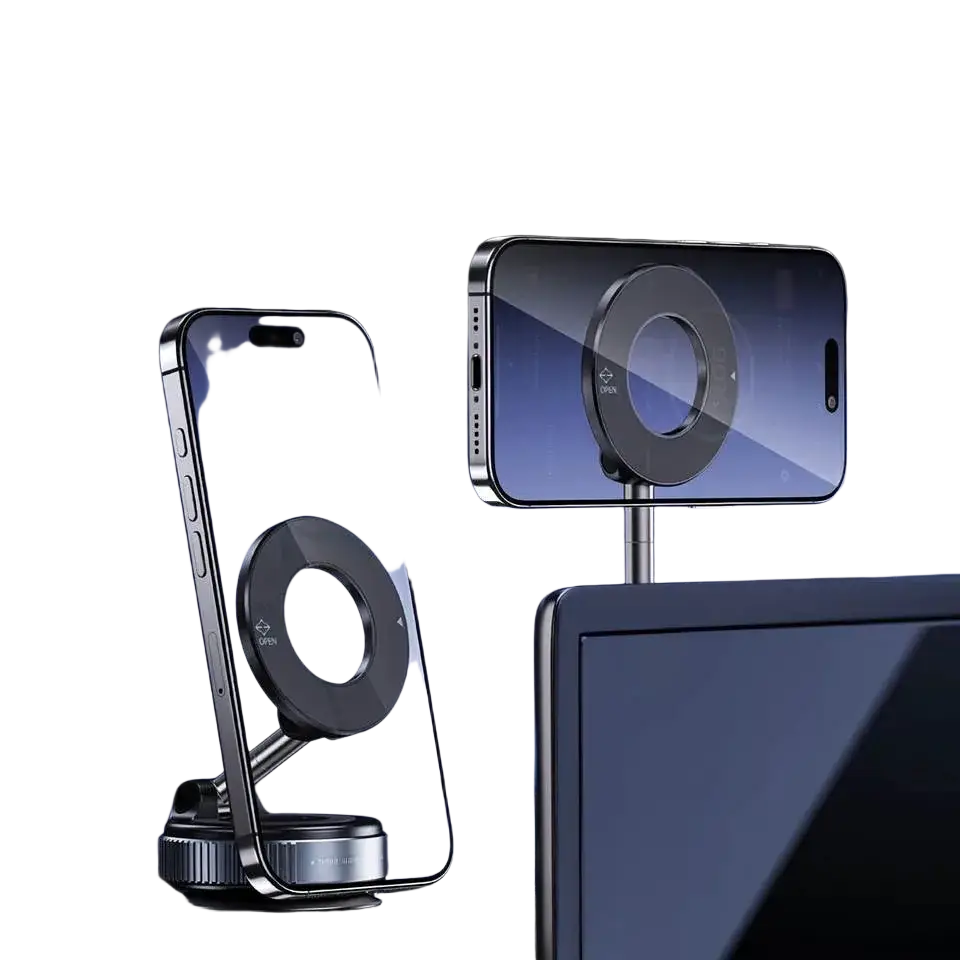 Black magnetic car phone mount with adjustable circular ring for 360 dashboard holder in landscape and portrait orientation