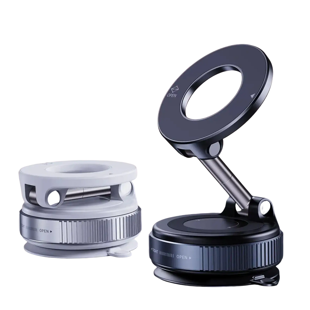 Black magnetic car phone mount with vacuum adsorption bracket adjustable arm and textured grip ring for dashboard use
