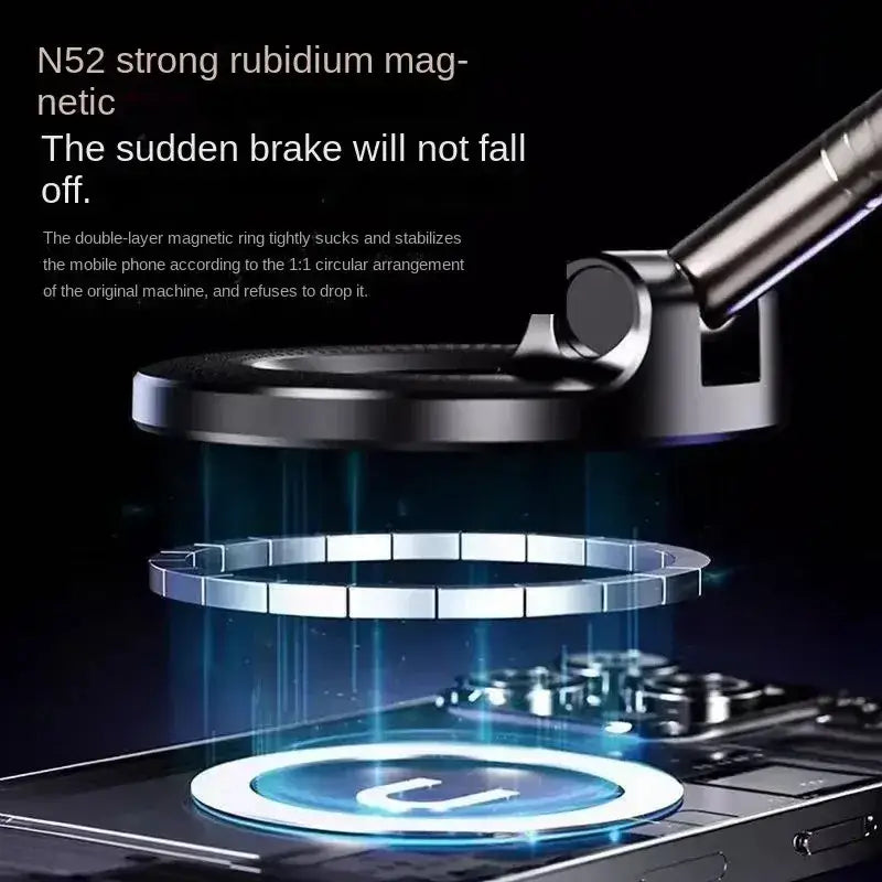 A sleek black magnetic car phone mount with double-layered ring design securely holds smartphones on dashboards