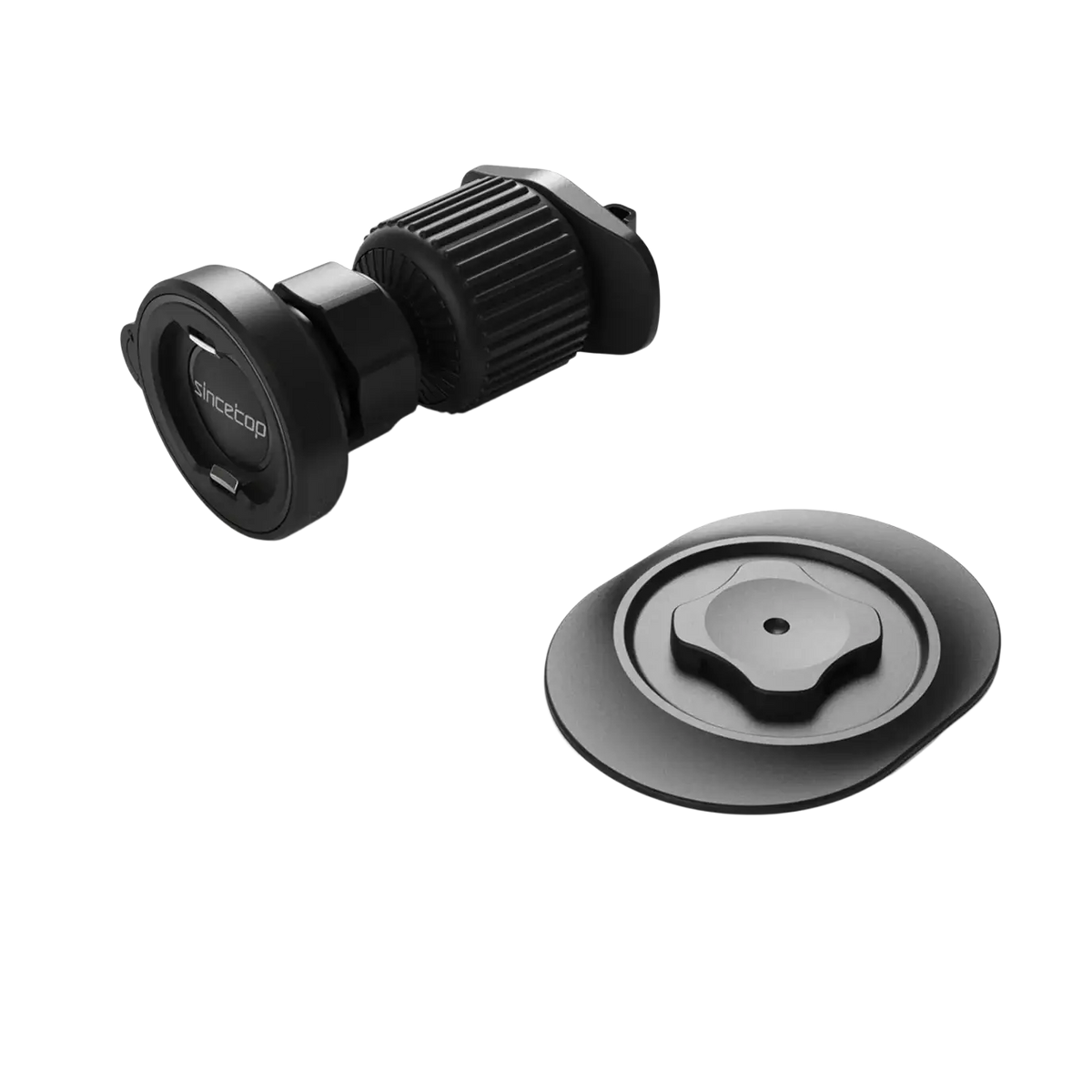 Black plastic magnetic car phone mount for air vents with 360-degree rotation and universal fit shown from the back side
