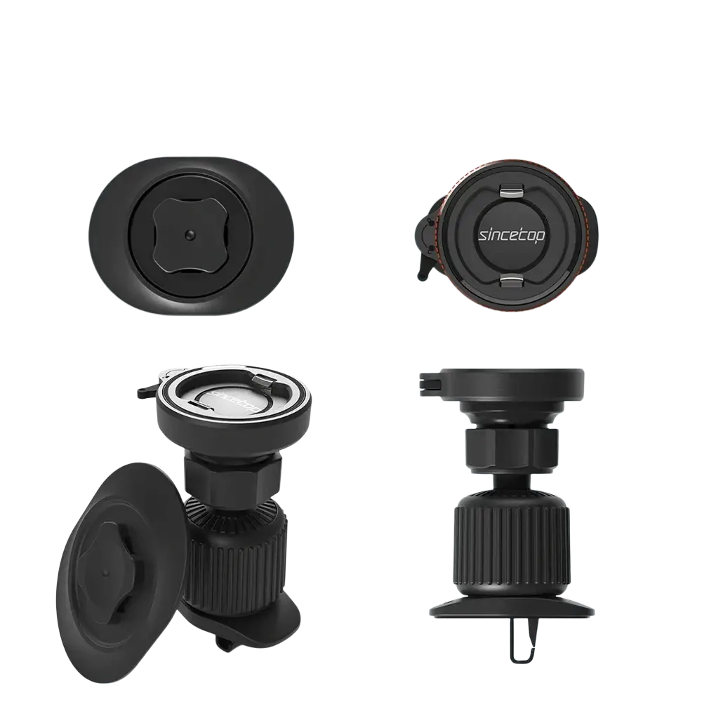 Black plastic magnetic car phone mount with adjustable height and circular base for air vents