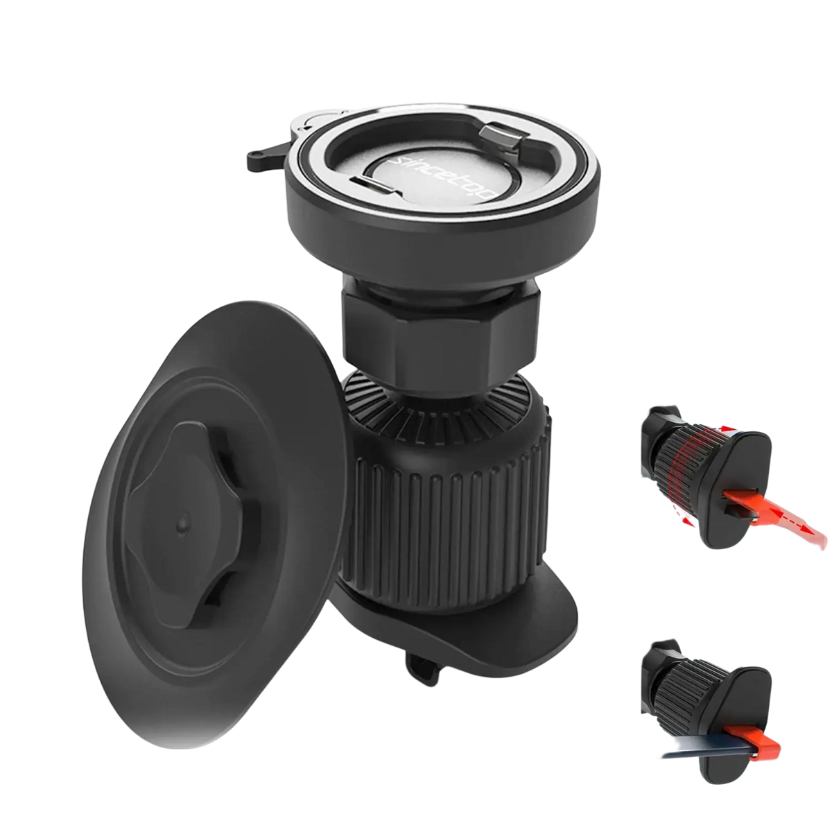 Black plastic suction cup camera mount with adjustable length and stainless steel hook for magnetic car phone mount