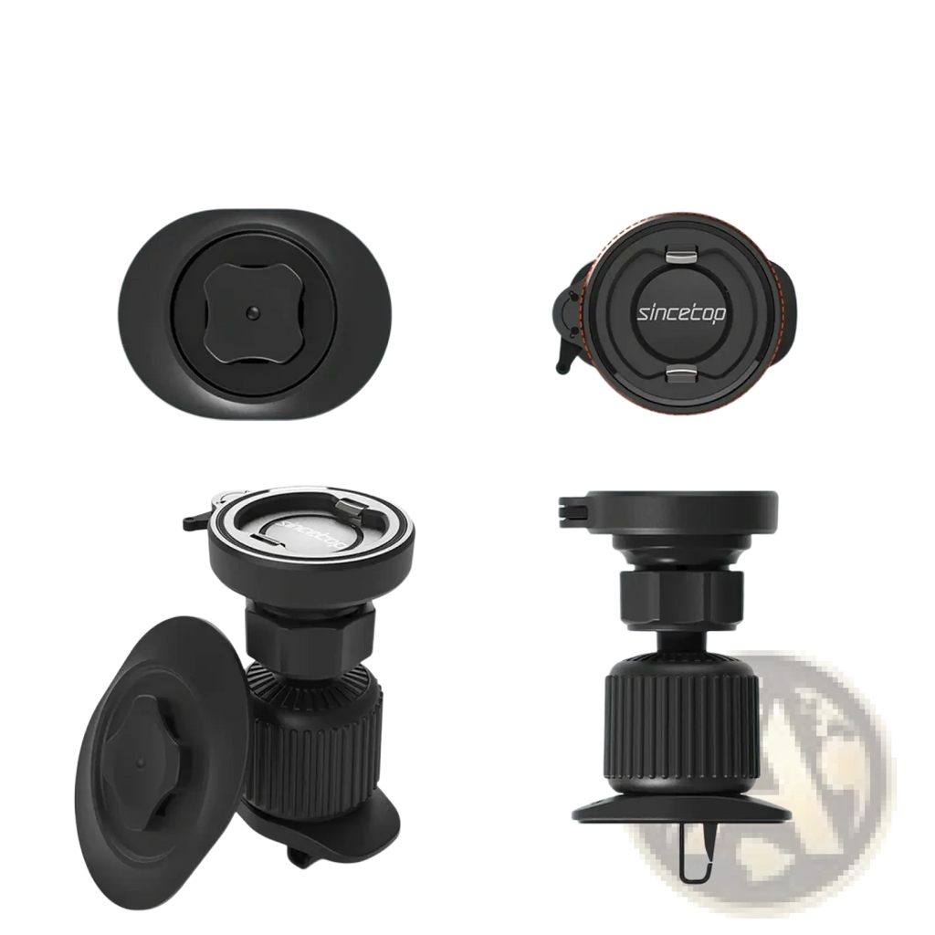 Black plastic magnetic car phone mount with adjustable height and circular base for air vents