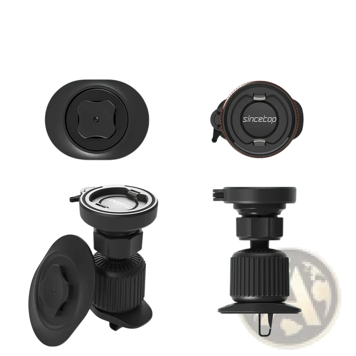 Black plastic magnetic car phone mount with adjustable height and circular base for air vents