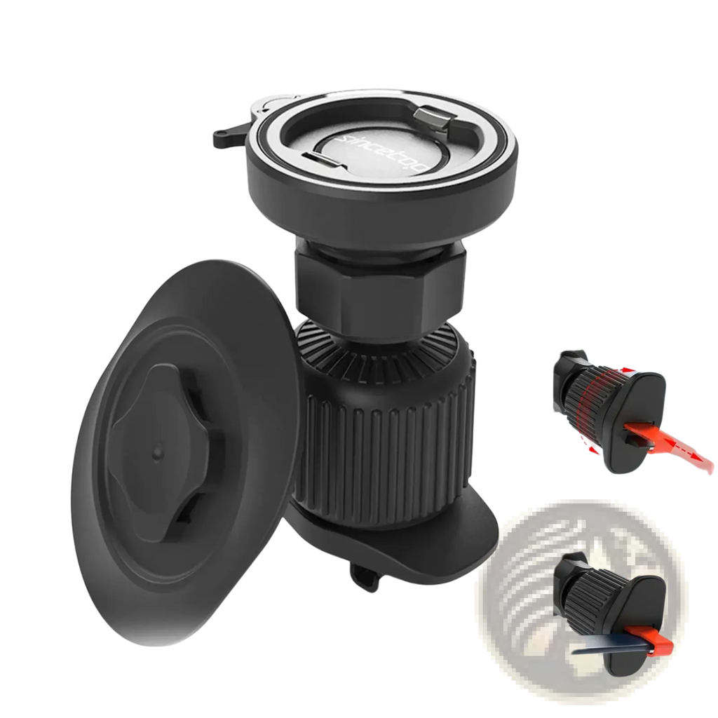 Black plastic suction cup camera mount with adjustable length and stainless steel hook for magnetic car phone mount